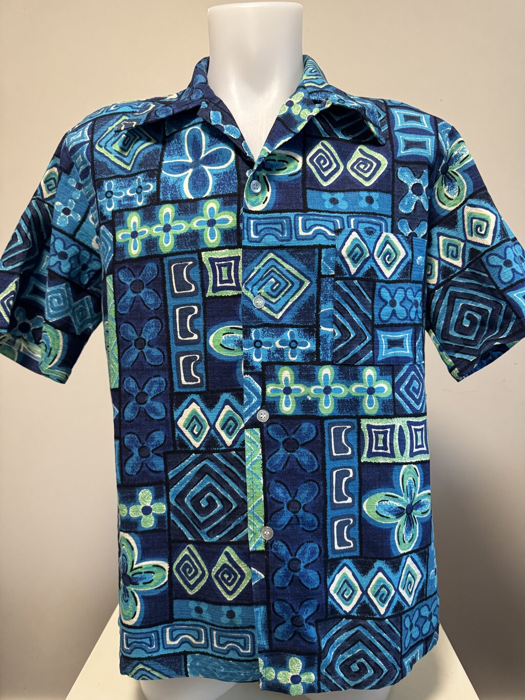 1970s Sears Abstract Tapa Shirt – Navy, Teal & Lime Poly Cotton (M)