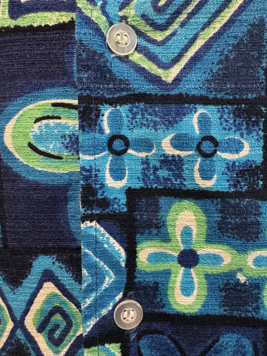 1970s Sears Abstract Tapa Shirt – Navy, Teal & Lime Poly Cotton (M)