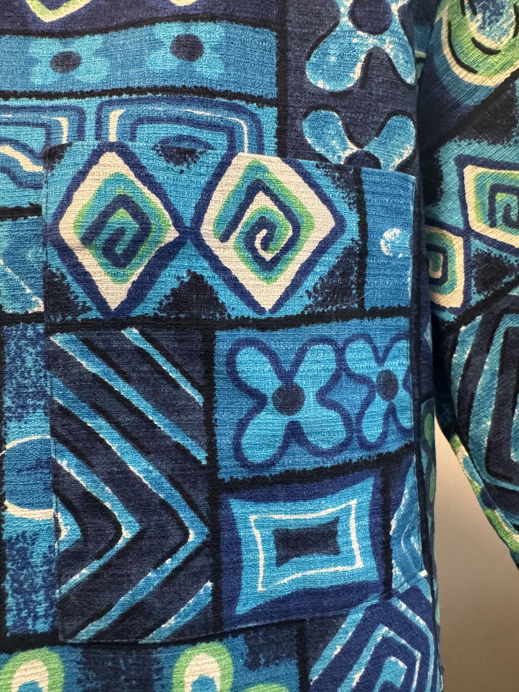 1970s Sears Abstract Tapa Shirt – Navy, Teal & Lime Poly Cotton (M)