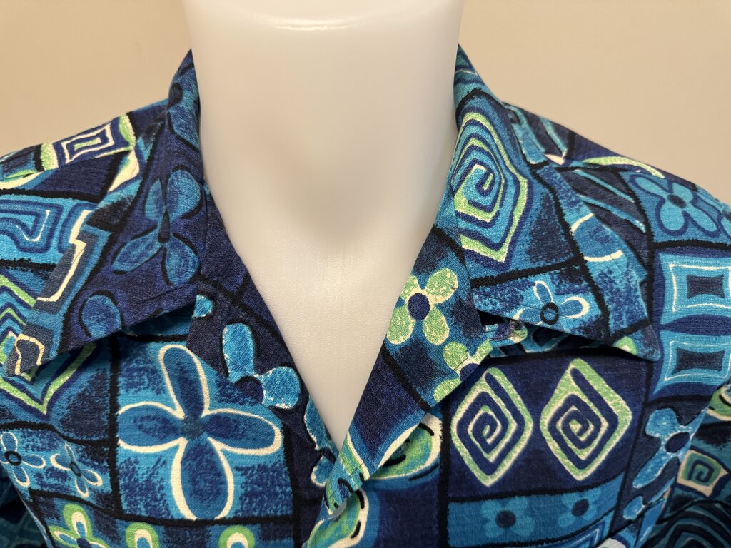 1970s Sears Abstract Tapa Shirt – Navy, Teal & Lime Poly Cotton (M)
