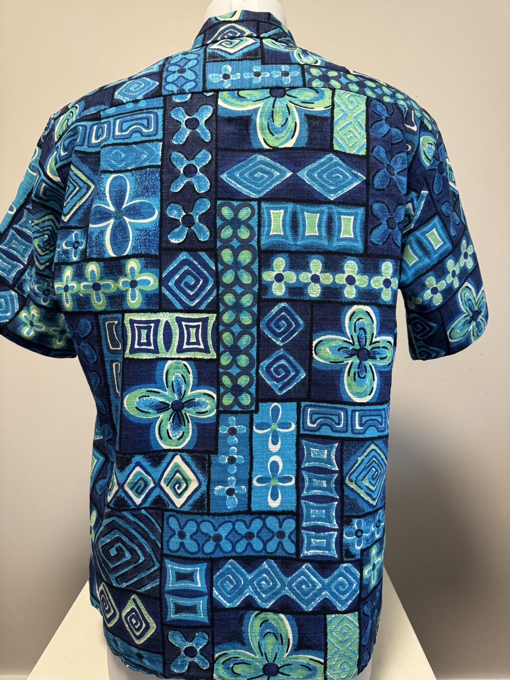 1970s Sears Abstract Tapa Shirt – Navy, Teal & Lime Poly Cotton (M)