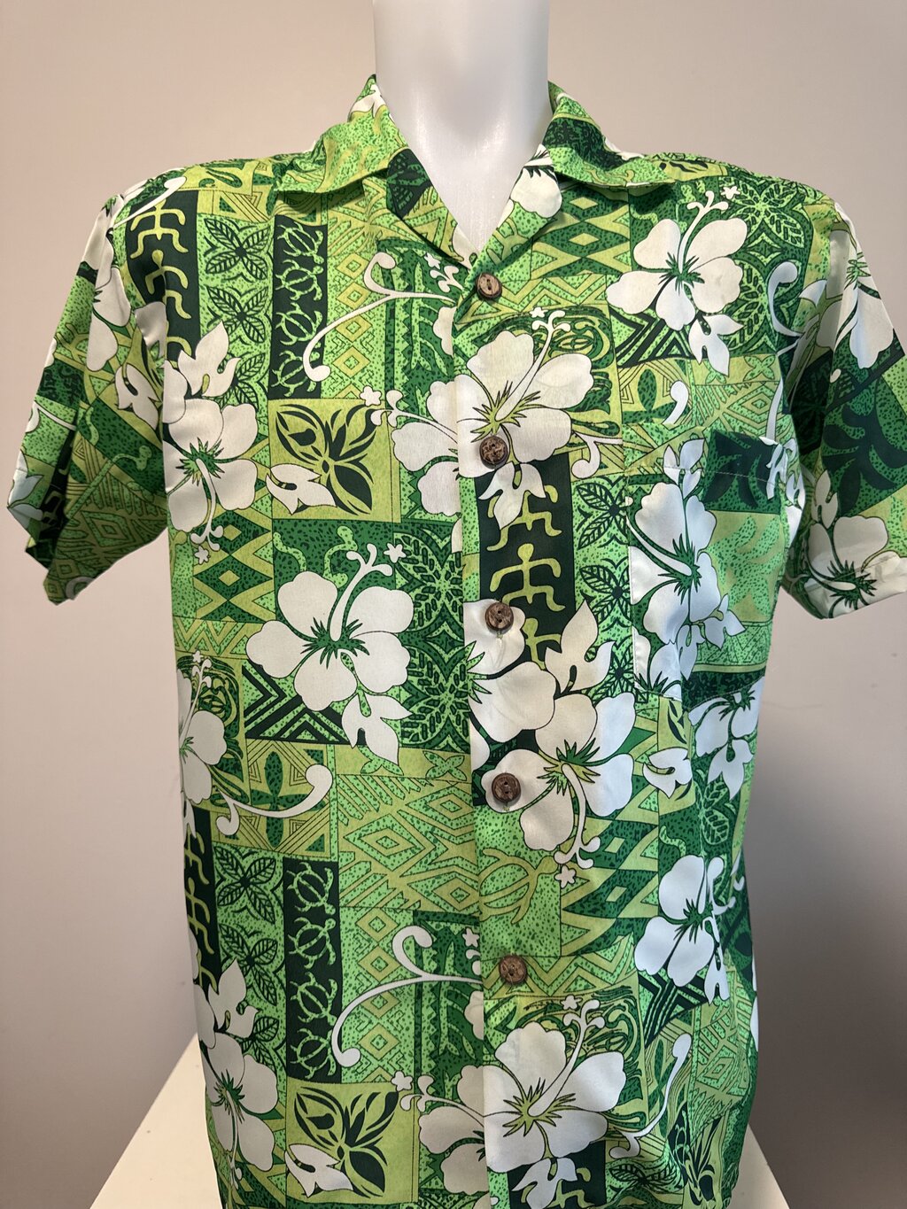 1980s Roundy Bay Hibiscus Block Print Shirt – Green & White Polyester (S)