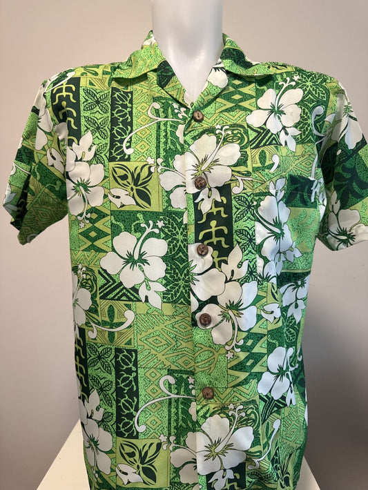 1980s Roundy Bay Hibiscus Block Print Shirt – Green & White Polyester (S)