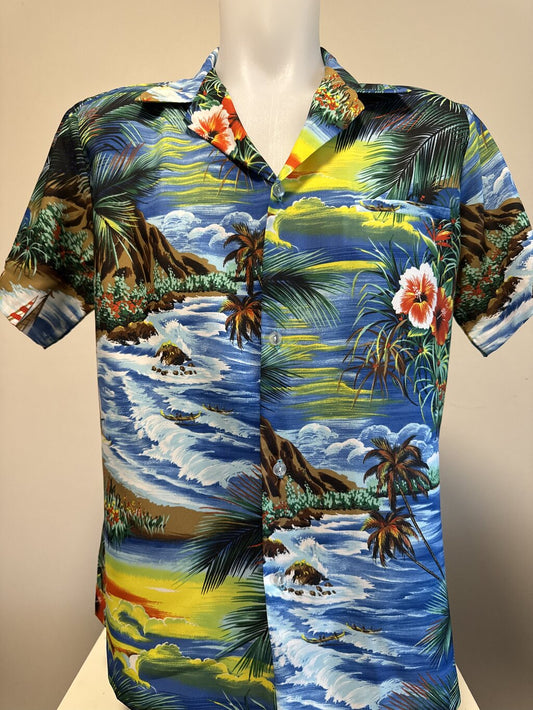 1980s Kai Nani Scenic Coastline Shirt – Ocean Sunset & Canoes (M)
