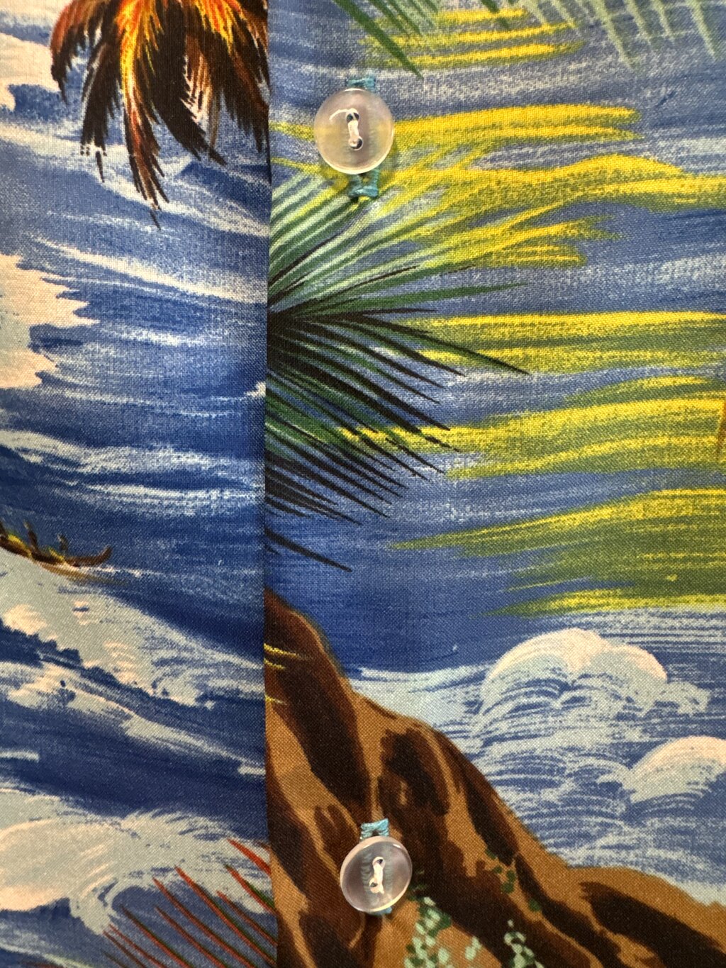 1980s Kai Nani Scenic Coastline Shirt – Ocean Sunset & Canoes (M)