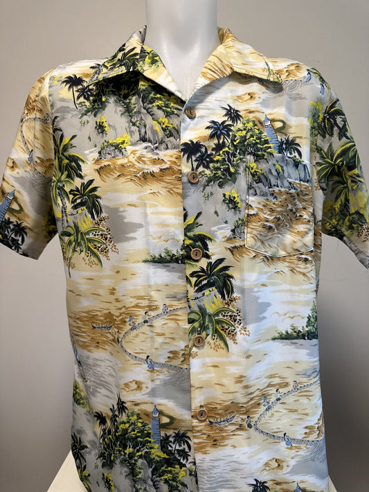 1980s Big Sur Scenic Shirt – Lighthouse & Net Fishing Print (L)