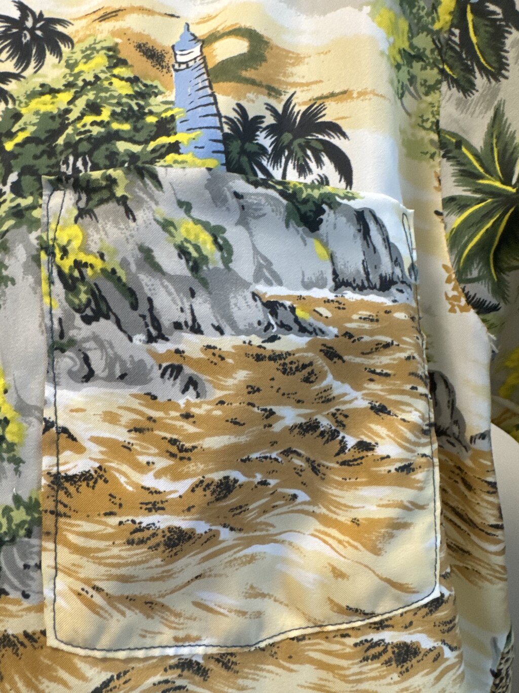 1980s Big Sur Scenic Shirt – Lighthouse & Net Fishing Print (L)