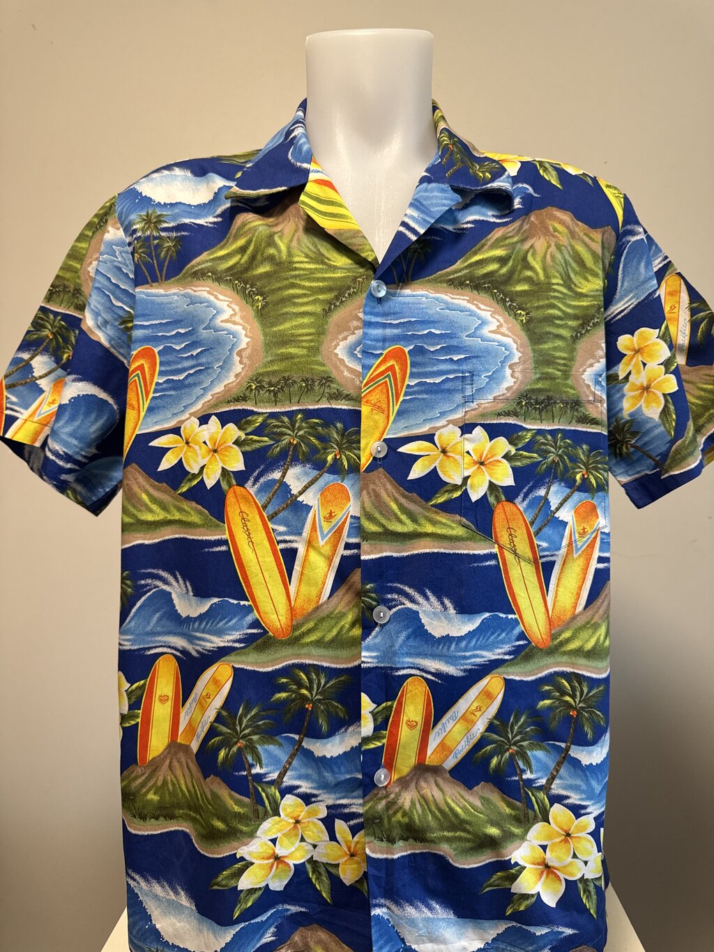 1980s Koko Head Surfboard & Plumeria Shirt – Royal Blue Cotton (M)