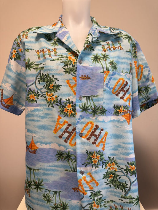 1980s “Made in Hawaii” Hibiscus & Diamond Panel Shirt – Sky Blue Rayon (M)