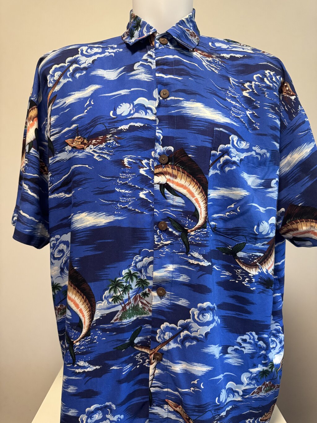 1980s Tiki Lake Scenic Shirt – Canoes, Volcanoes & Misty Blue Rayon (M)