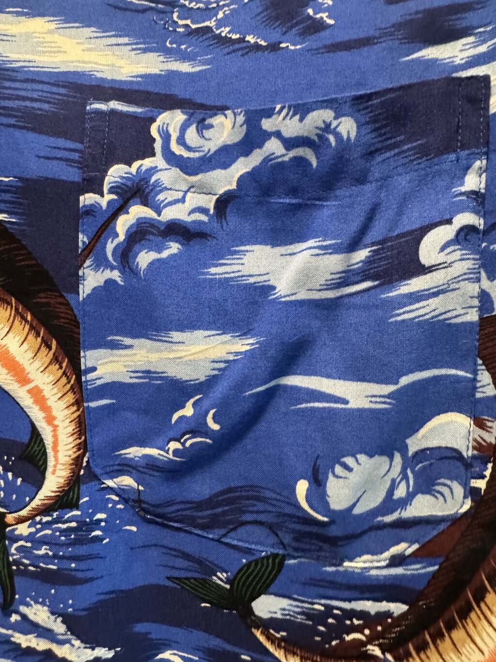 1980s Tiki Lake Scenic Shirt – Canoes, Volcanoes & Misty Blue Rayon (M)