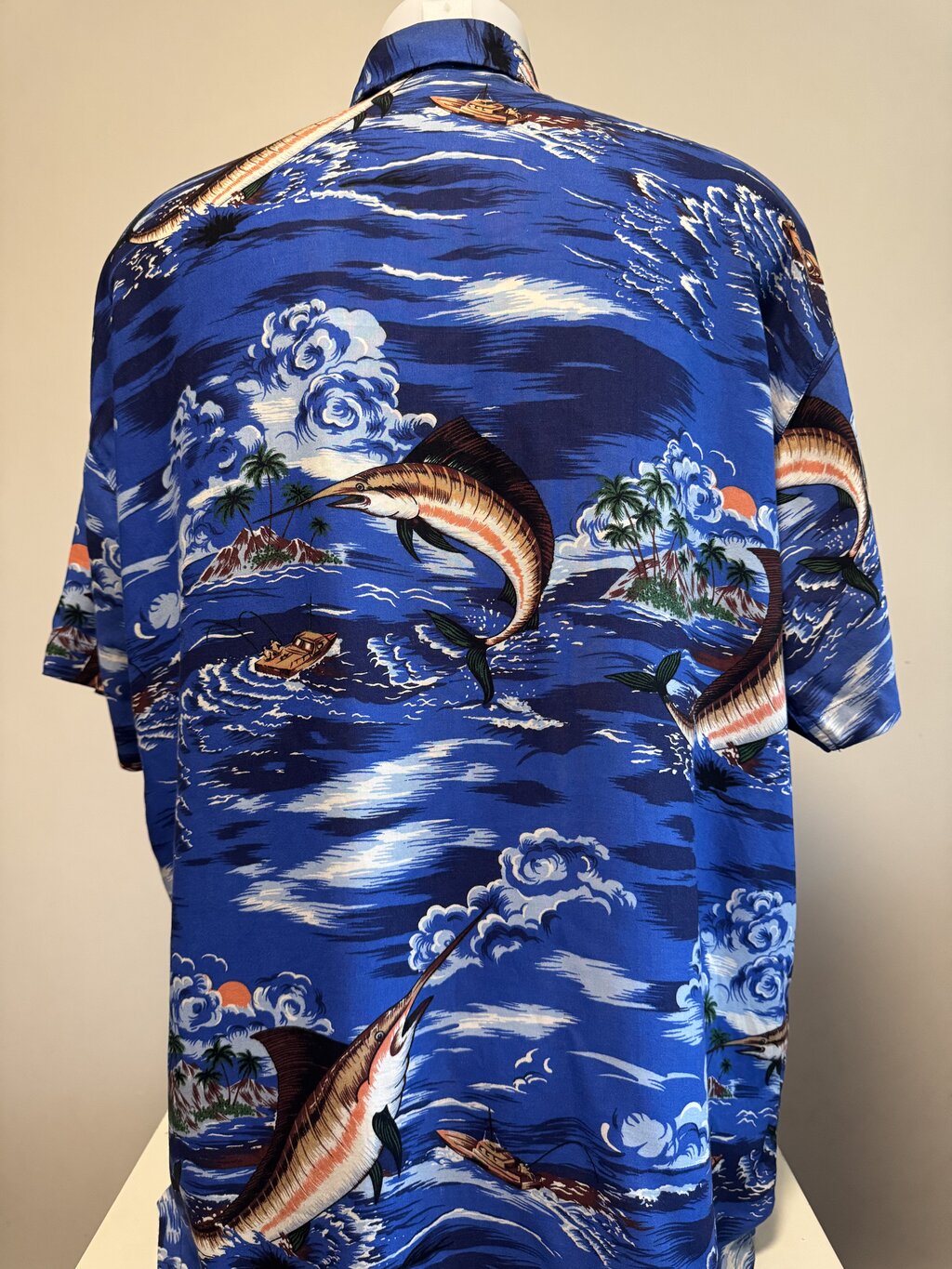 1980s Tiki Lake Scenic Shirt – Canoes, Volcanoes & Misty Blue Rayon (M)