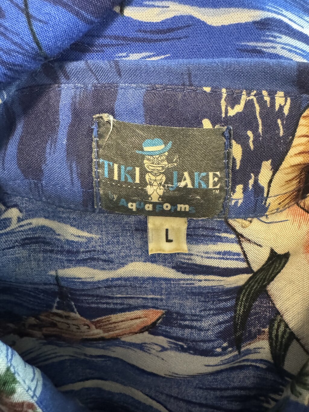 1980s Tiki Lake Scenic Shirt – Canoes, Volcanoes & Misty Blue Rayon (M)