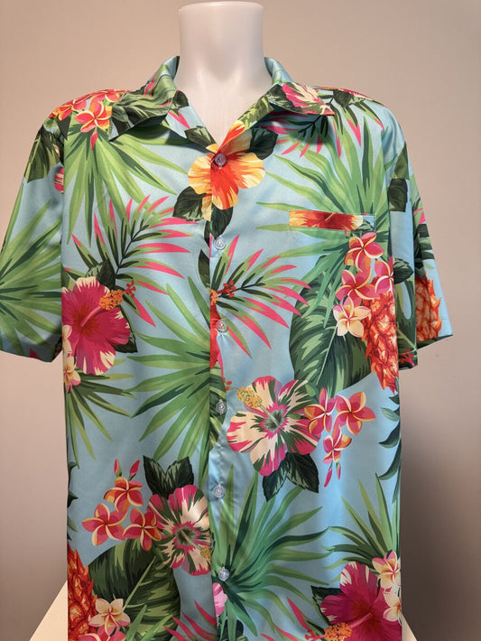 Late 90s / Early 2000s Tropical Pineapple & Hibiscus Shirt – Sky Blue Silky Polyester (L)