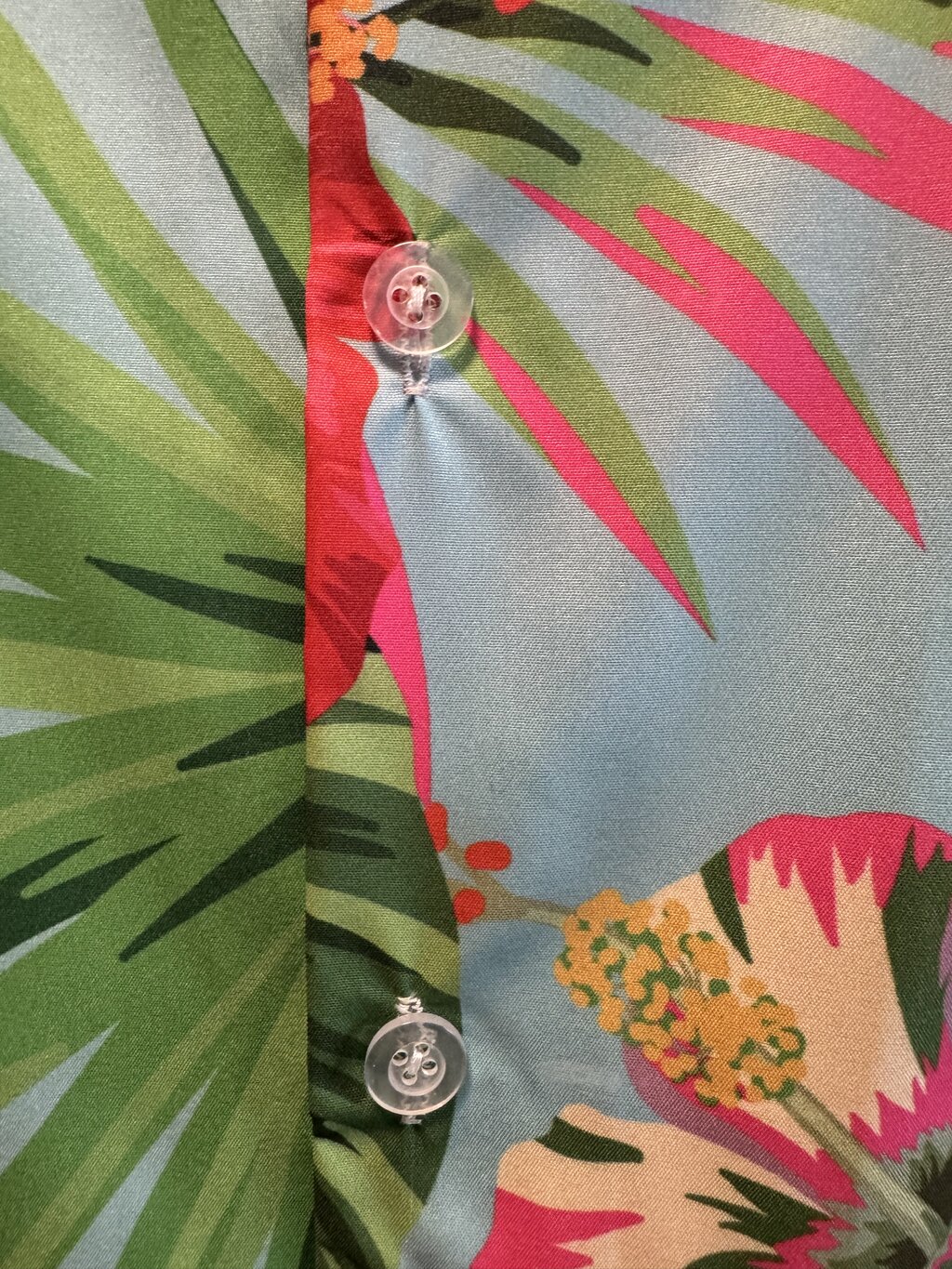 Late 90s / Early 2000s Tropical Pineapple & Hibiscus Shirt – Sky Blue Silky Polyester (L)