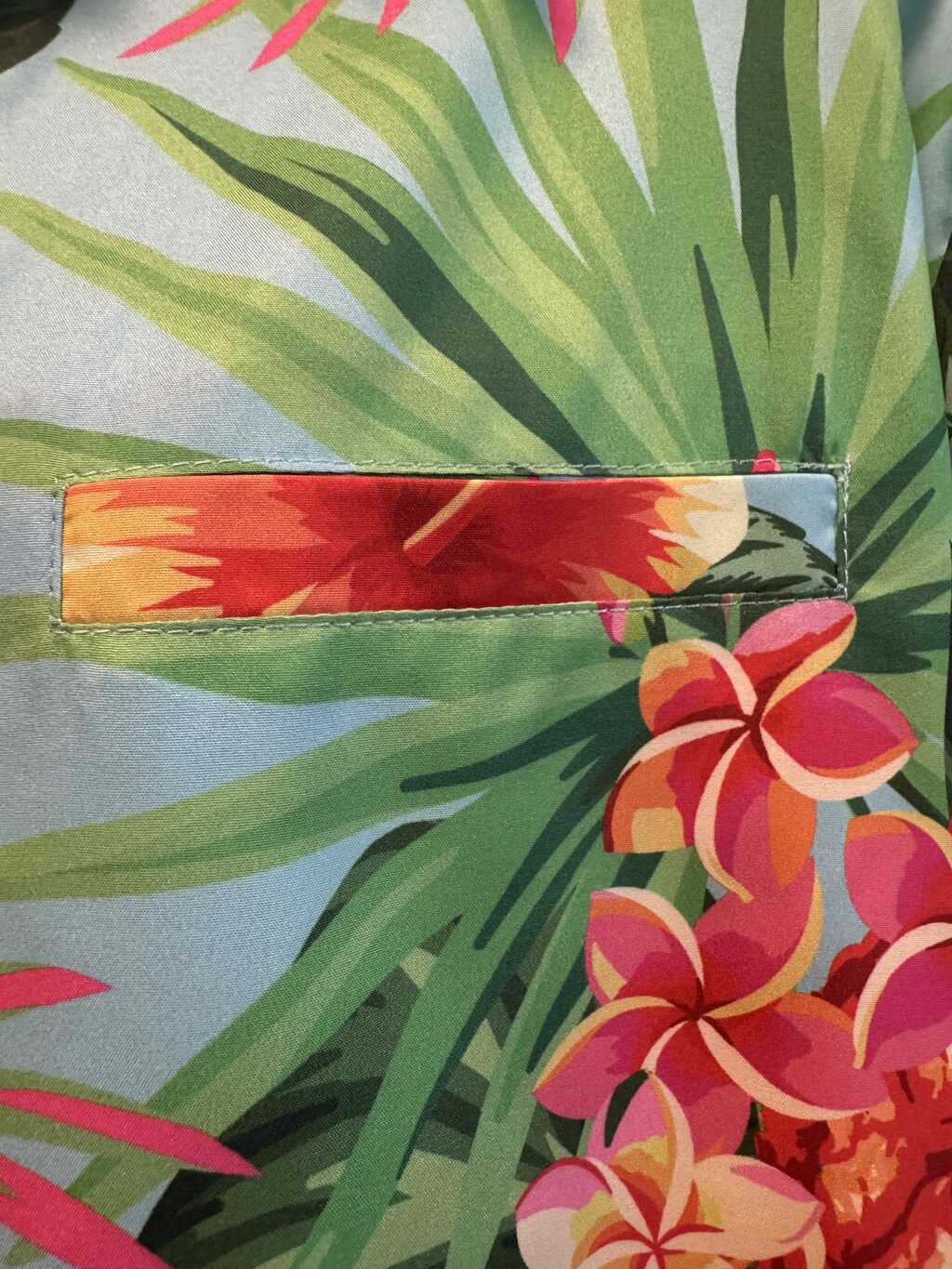 Late 90s / Early 2000s Tropical Pineapple & Hibiscus Shirt – Sky Blue Silky Polyester (L)