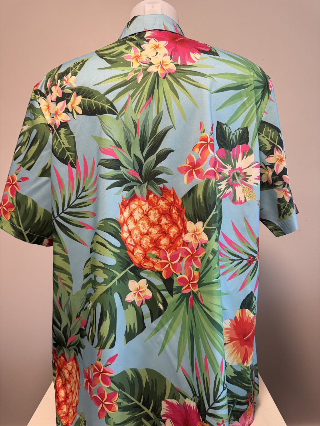 Late 90s / Early 2000s Tropical Pineapple & Hibiscus Shirt – Sky Blue Silky Polyester (L)