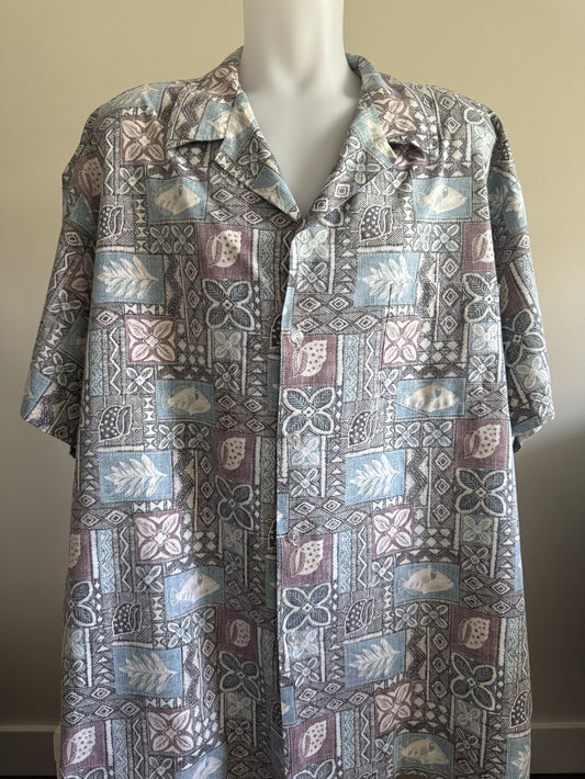1990s Kai Nani Tapa-Inspired Patchwork Shirt – Slate Blue, Plum & Ash (4XL)