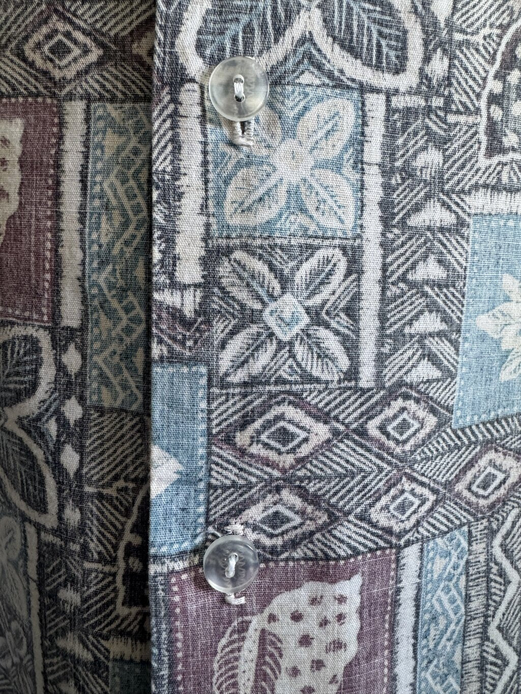 1990s Kai Nani Tapa-Inspired Patchwork Shirt – Slate Blue, Plum & Ash (4XL)