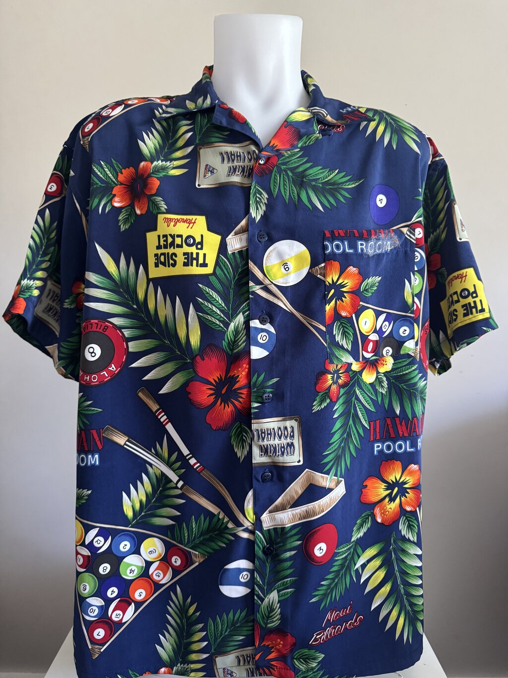 1990s Box Office “Hawaiian Pool Room” Billiards Shirt – Navy & Neon Tropical Print (M)