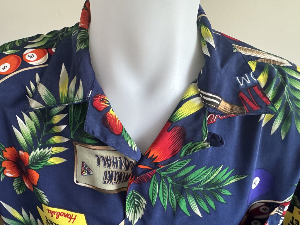 1990s Box Office “Hawaiian Pool Room” Billiards Shirt – Navy & Neon Tropical Print (M)