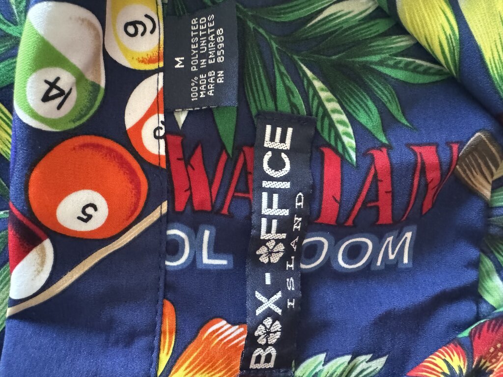 1990s Box Office “Hawaiian Pool Room” Billiards Shirt – Navy & Neon Tropical Print (M)