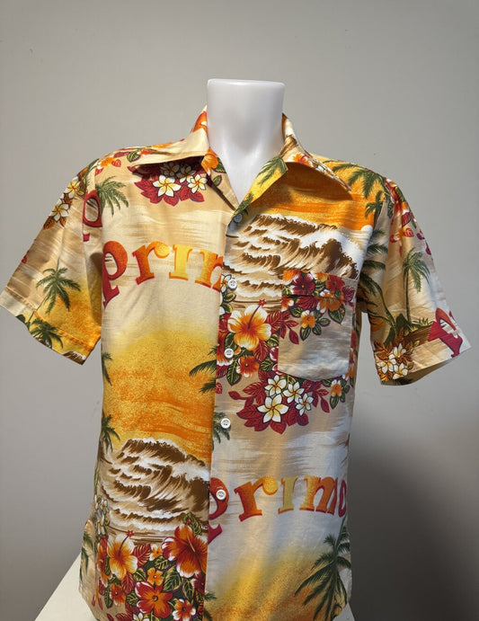 1980s Arrow “Primo” Sunset Surf Shirt – Golden Hibiscus & Wave Print (M)