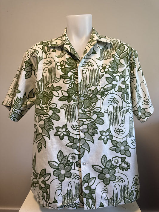 1970s Penny’s Hawaii Tribal Bird & Flora Shirt – Olive Green on Natural Slub Weave (XL)