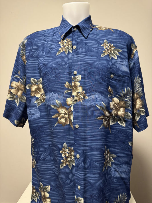 1990s Pierre Cardin Floral & Landscape Shirt – Blue & Brown (L)