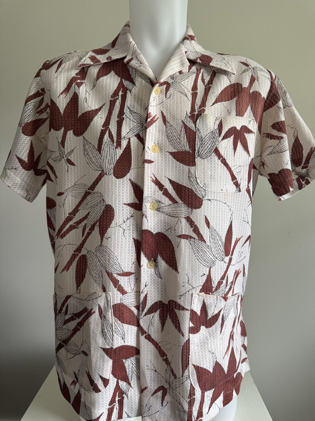 Rare 3-Pocket 1950s Barkcloth Bamboo Shirt – Sea God (L)