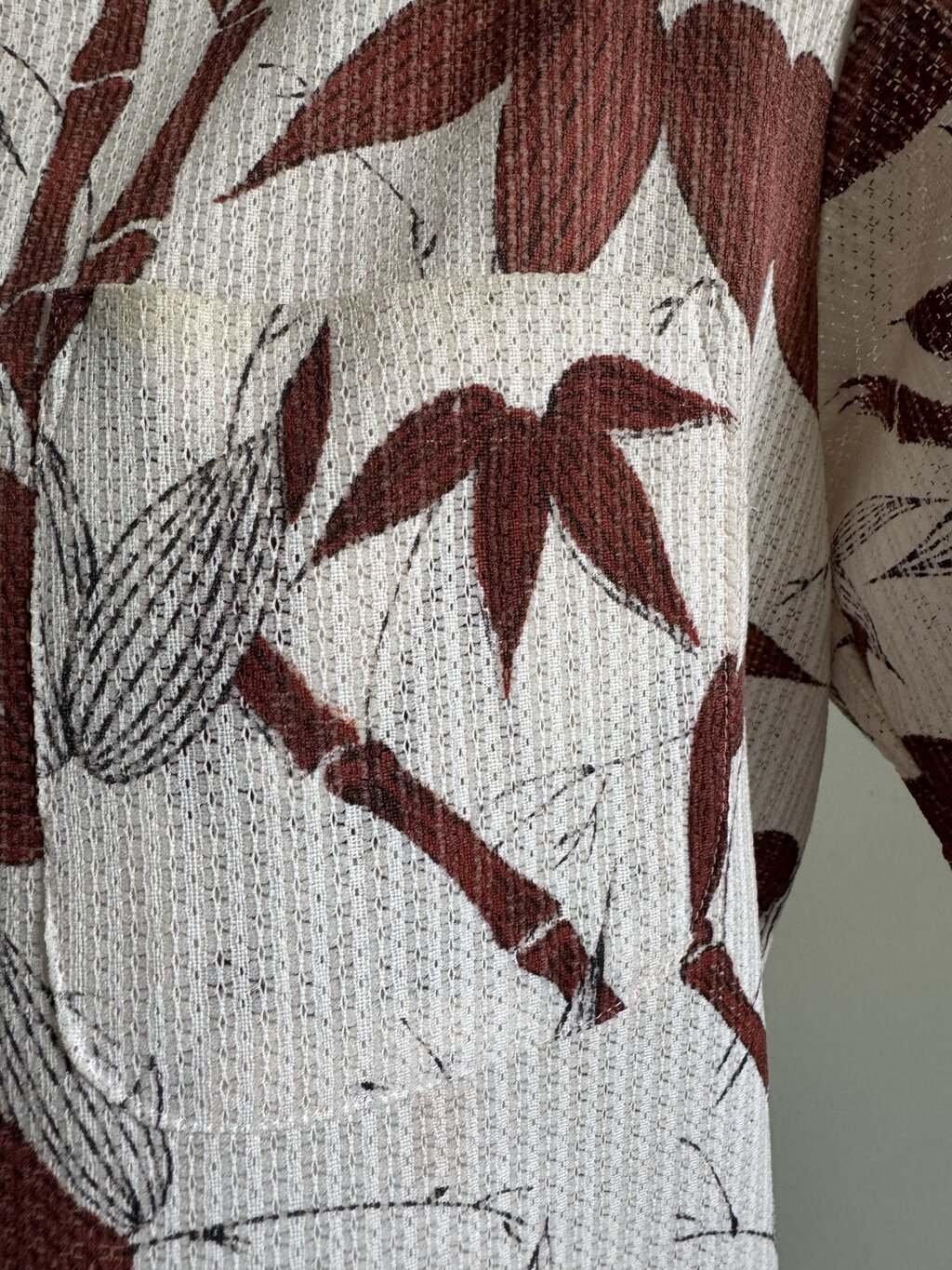 Rare 3-Pocket 1950s Barkcloth Bamboo Shirt – Sea God (L)