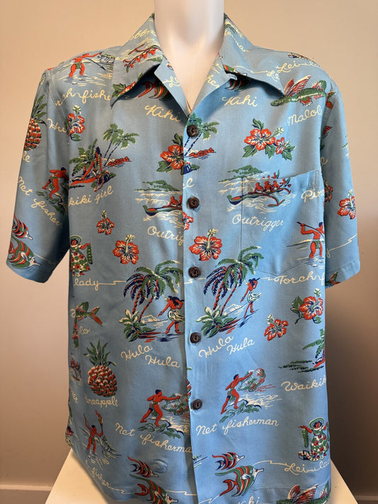 1980s Kalakaua Scenic “Aloha Vocabulary” Shirt – Blue Rayon with Coconut Buttons (L)
