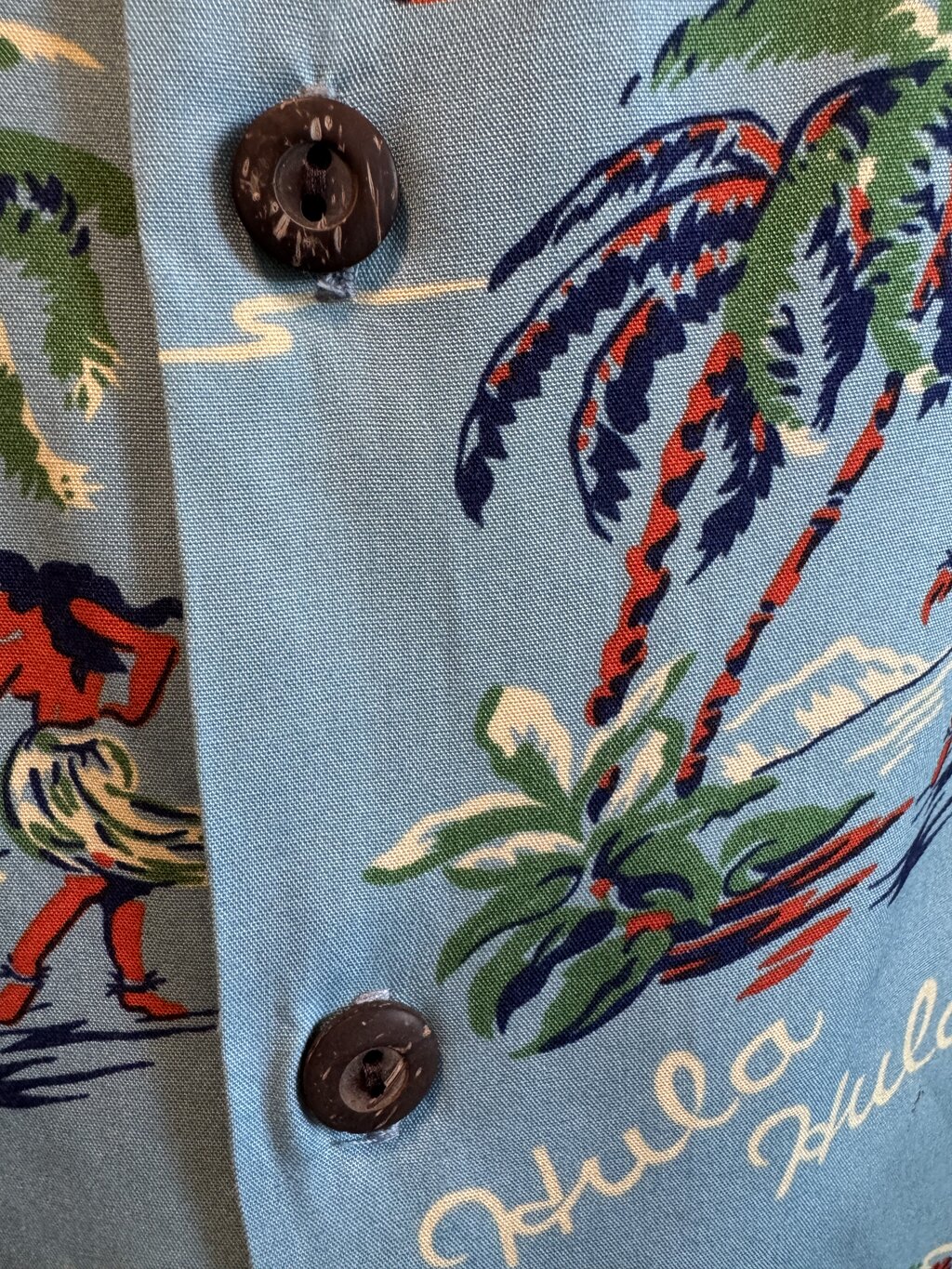 1980s Kalakaua Scenic “Aloha Vocabulary” Shirt – Blue Rayon with Coconut Buttons (L)