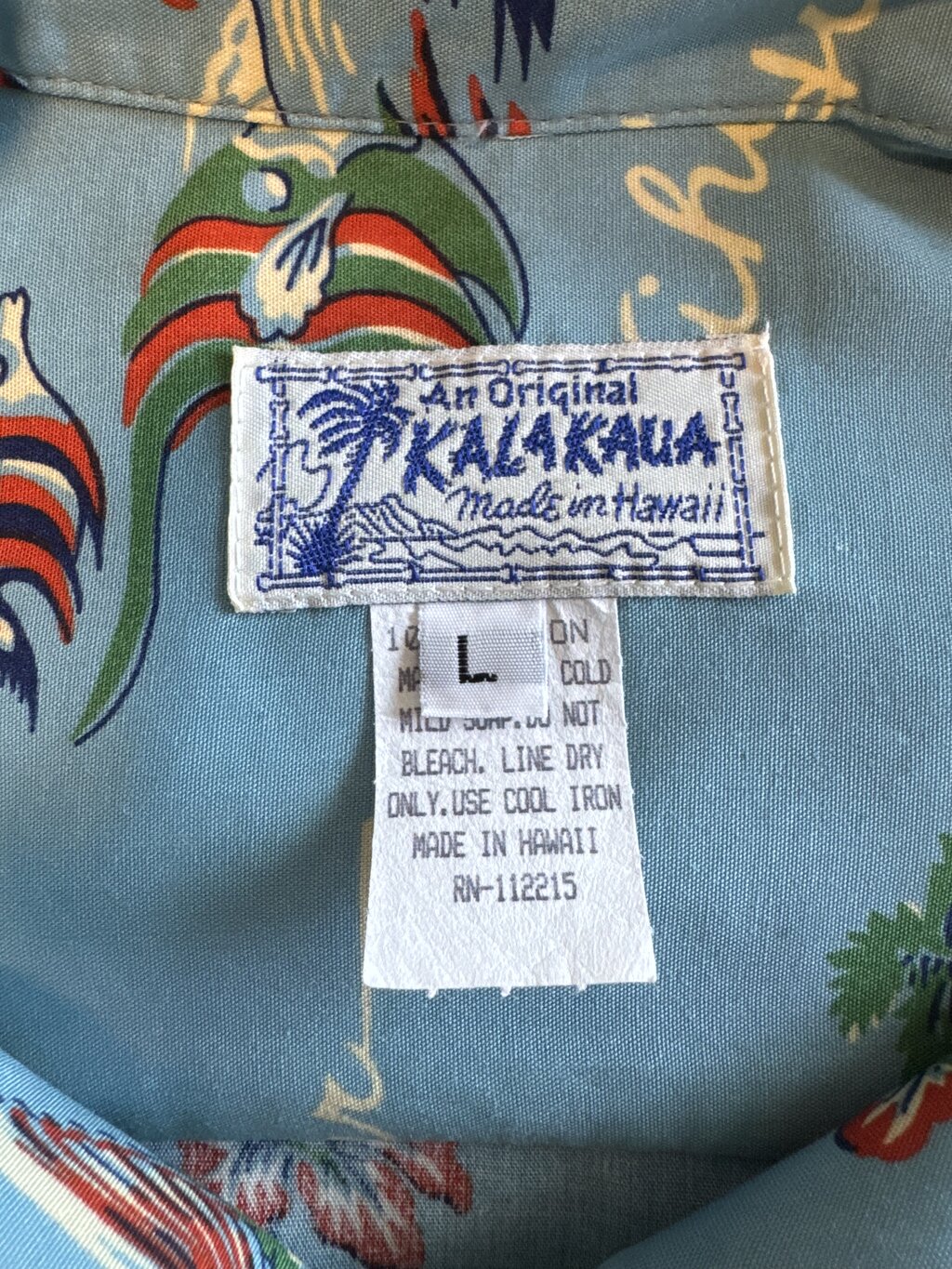 1980s Kalakaua Scenic “Aloha Vocabulary” Shirt – Blue Rayon with Coconut Buttons (L)