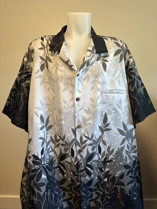 2000s Royal Creations Monochrome Leaf Fade Shirt – Black & White Silky Polyester (3XL)