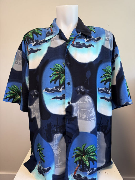1970s Box Office Island Shirt – Bamboo & Tiki Huts on Mocha Barkcloth (XL)