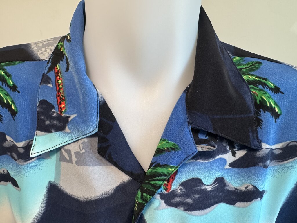 1970s Box Office Island Shirt – Bamboo & Tiki Huts on Mocha Barkcloth (XL)