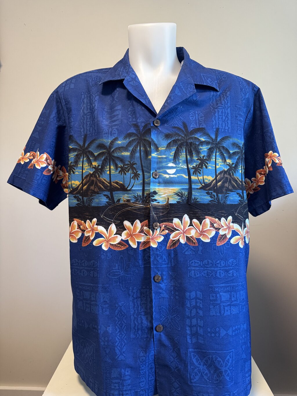 1990s Bishop St. Scenic Shirt – Blue Sunset Beach with Plumeria Border (XL)
