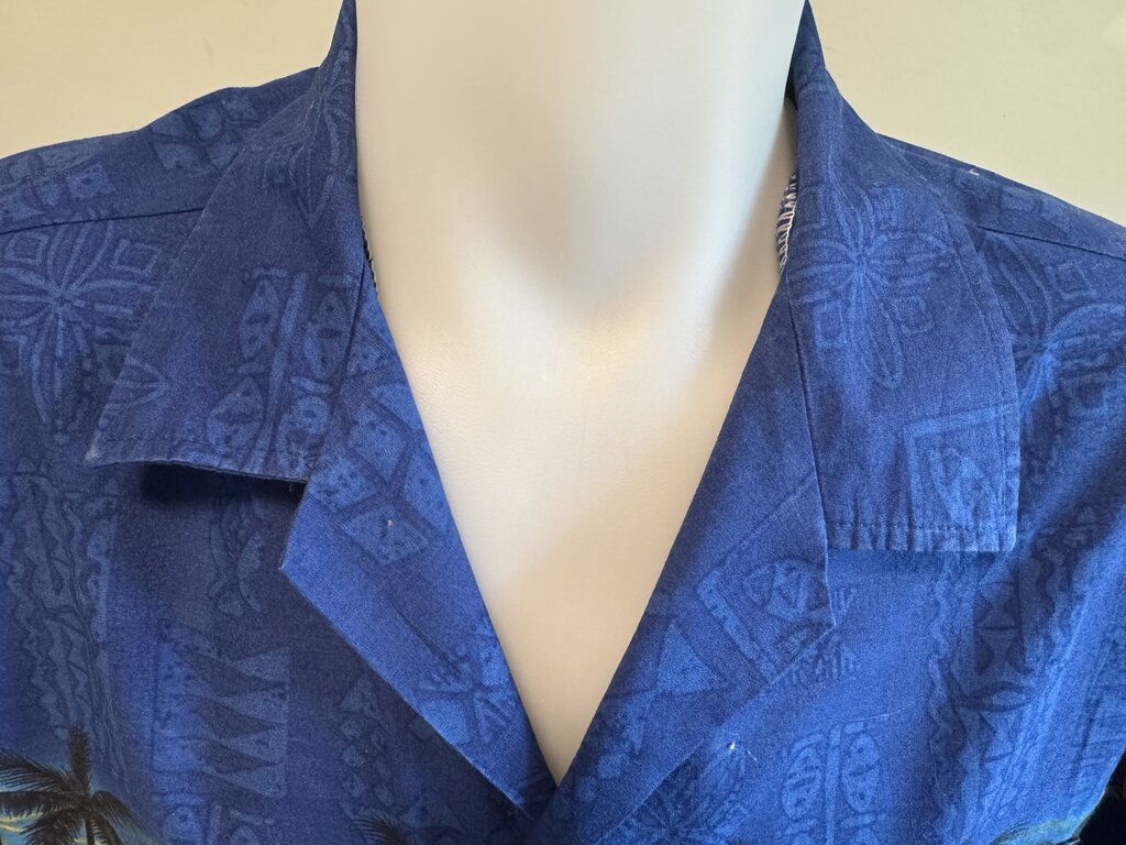1990s Bishop St. Scenic Shirt – Blue Sunset Beach with Plumeria Border (XL)