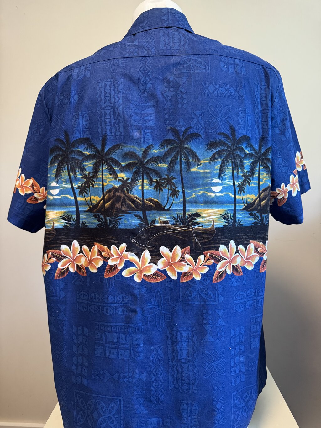 1990s Bishop St. Scenic Shirt – Blue Sunset Beach with Plumeria Border (XL)