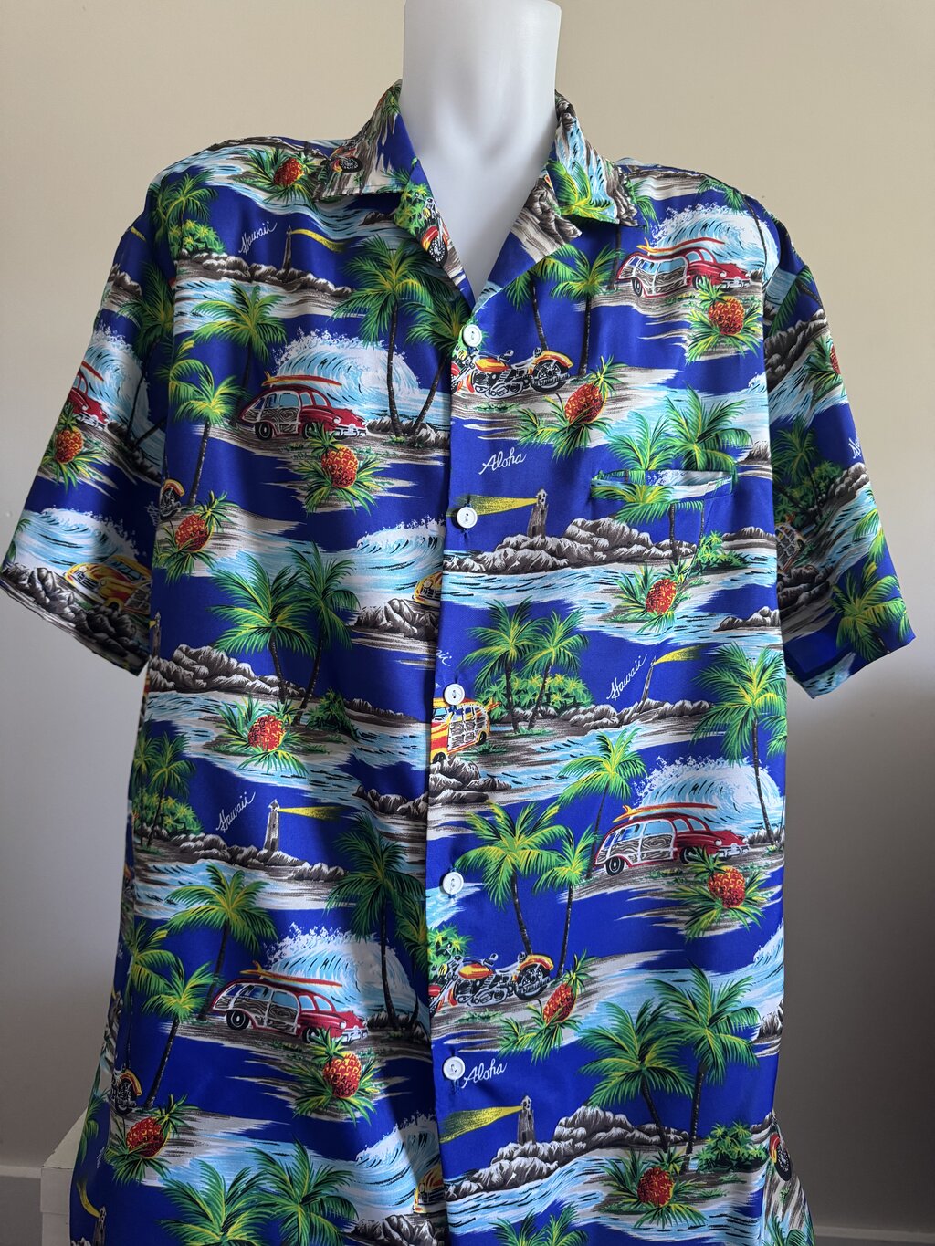 1990s Kalena Fashions Aloha Shirt – Pineapples, Woodies & Waves on Royal Blue (2XL)
