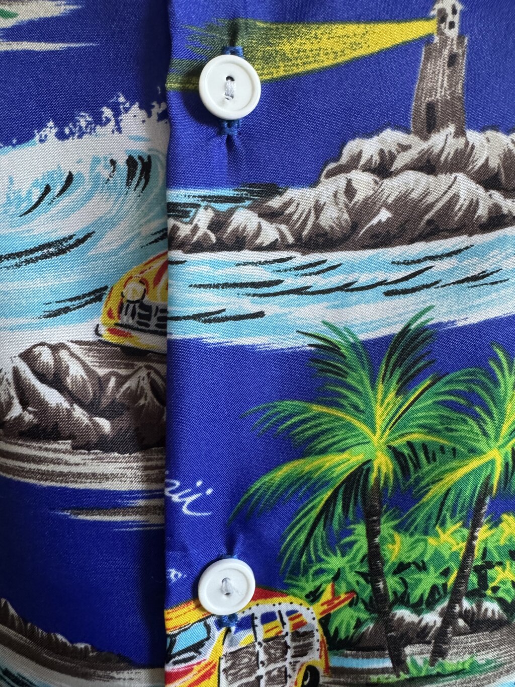 1990s Kalena Fashions Aloha Shirt – Pineapples, Woodies & Waves on Royal Blue (2XL)