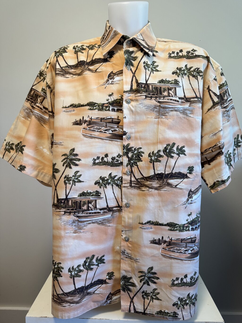 1990s Campia Coastal Cruiser Shirt – Sepia Boathouse & Marlin Print (XL)