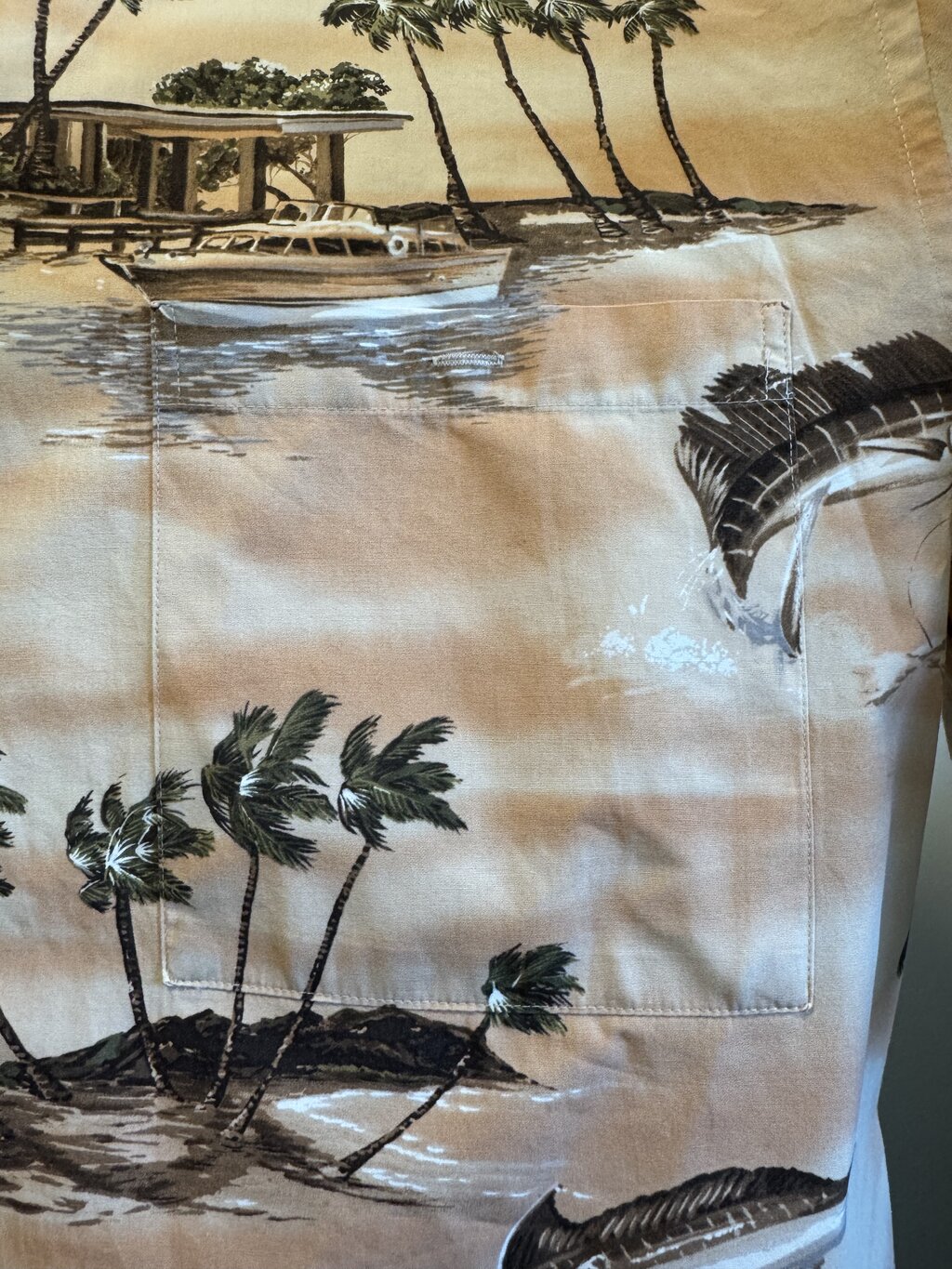 1990s Campia Coastal Cruiser Shirt – Sepia Boathouse & Marlin Print (XL)