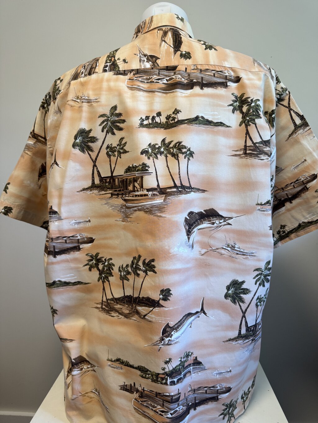 1990s Campia Coastal Cruiser Shirt – Sepia Boathouse & Marlin Print (XL)