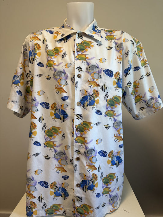 1990s Guy Harvey Marine Life Shirt – Cream Cotton-Rayon with Vibrant Tropical Fish (L)