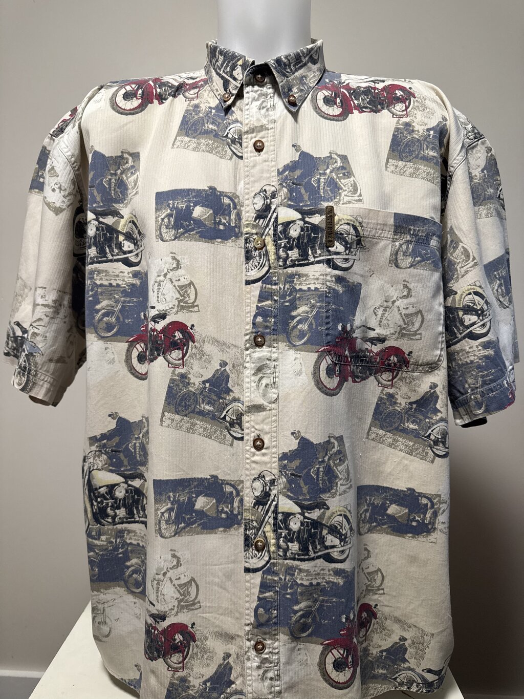 1990s North River Motorcycle Rider Shirt – Soft Cotton with Vintage Bike Print (XL)