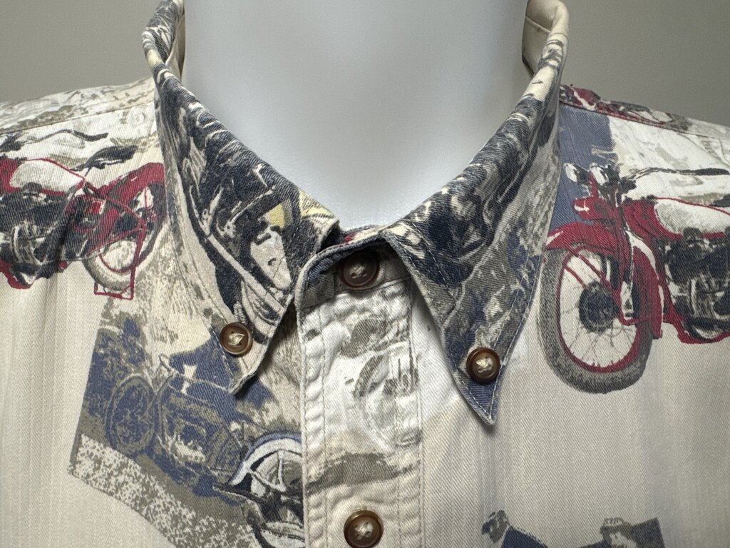1990s North River Motorcycle Rider Shirt – Soft Cotton with Vintage Bike Print (XL)