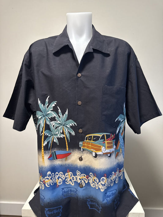 1990s Hard Rock Café Beach Cruiser Shirt – Black Cotton with Woody Wagon & Surfboards (XXL)