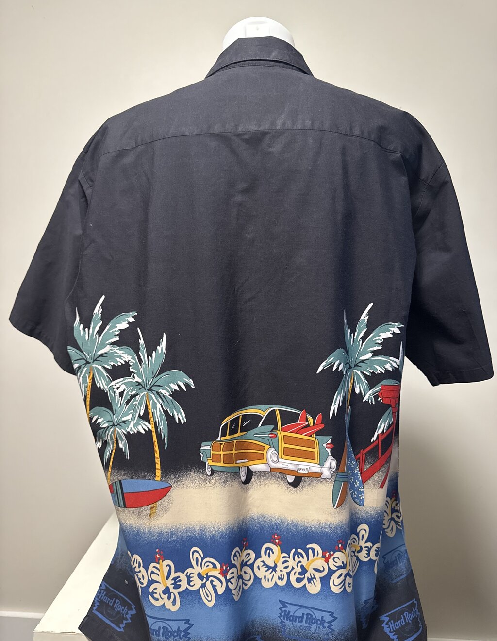 1990s Hard Rock Café Beach Cruiser Shirt – Black Cotton with Woody Wagon & Surfboards (XXL)